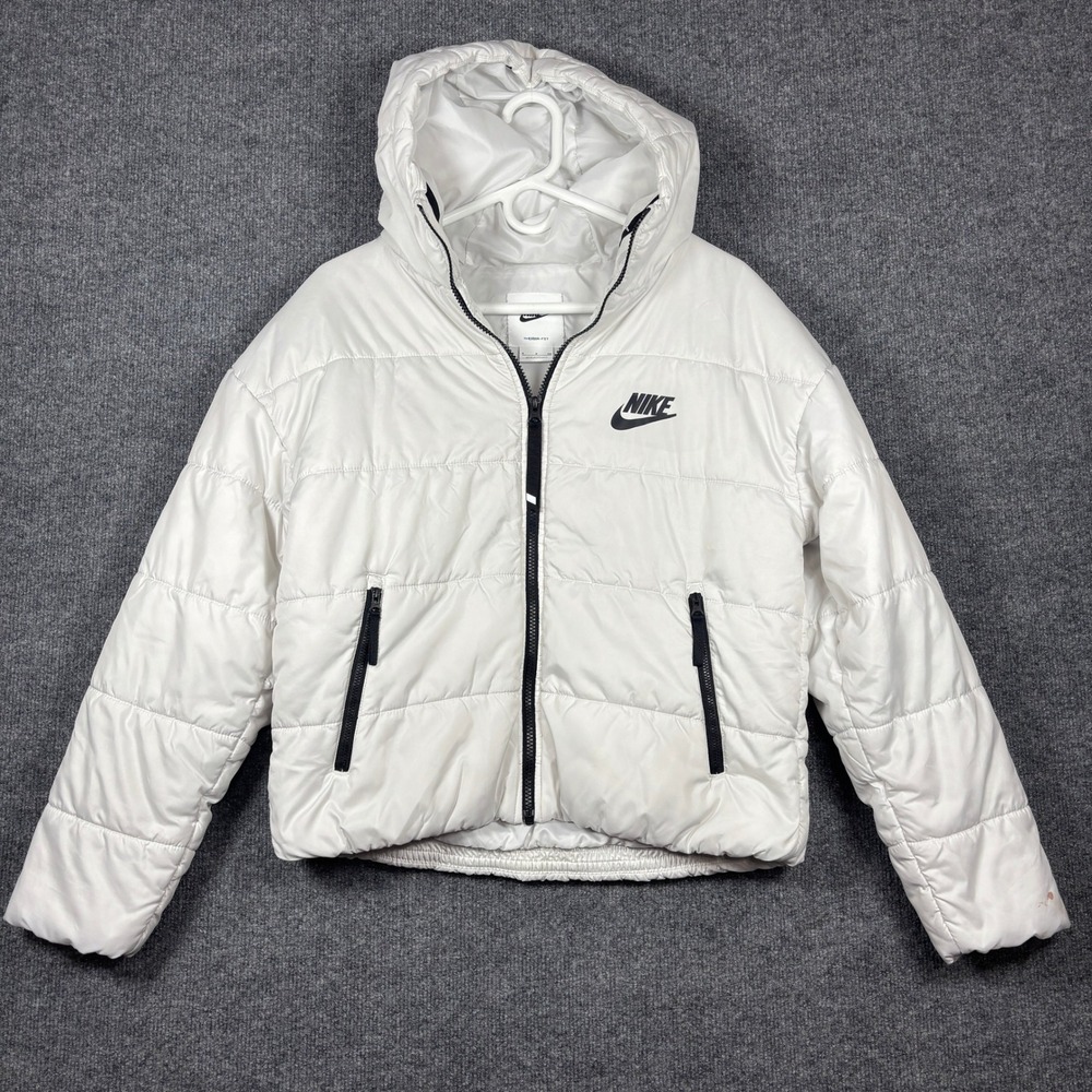 Nike Puffer Jacket Women S White Therma-FIT Hooded Big Swoosh Logo DJ6999-100